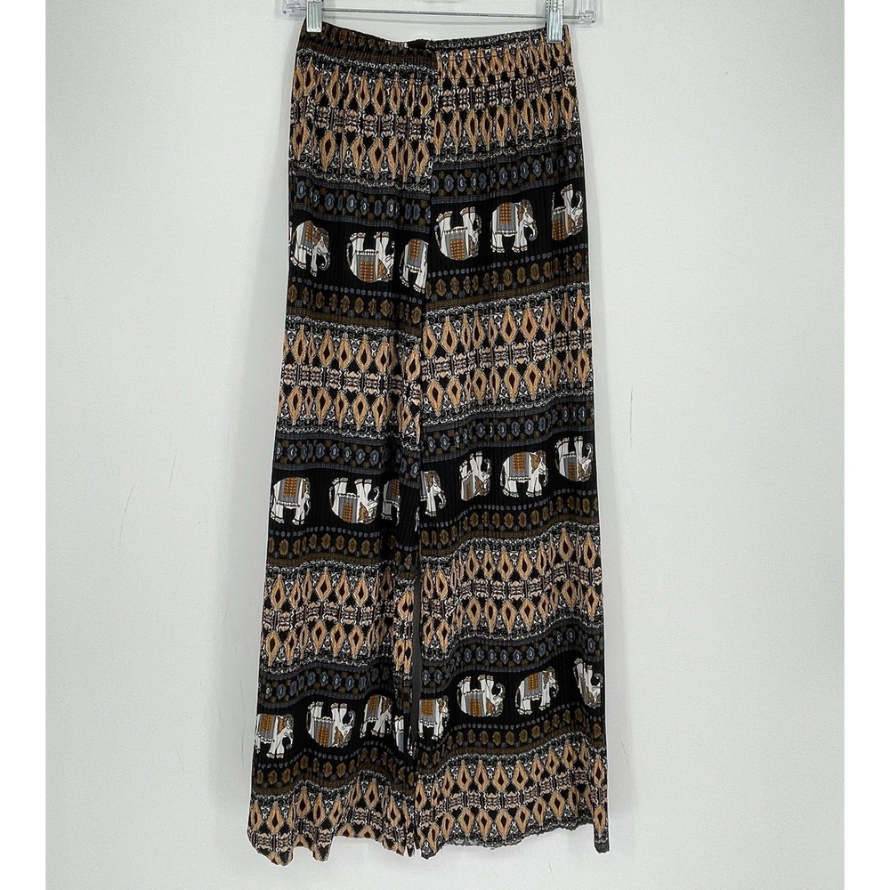Women's Black Elephant Print Plisse Stretch Wide Leg Boho Palazzo Pants Size M